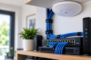 Professional Network Setup with Blue Cabling